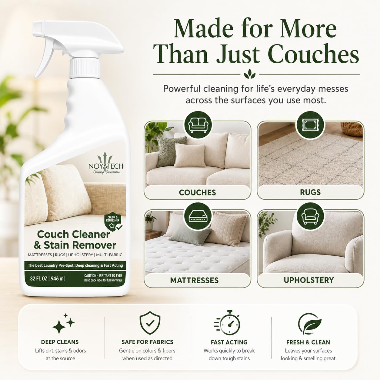 NOYATECH Couch Cleaner & Stain Remover Spray | Non-Toxic Cleaner | Pet Safe & Kid Safe | Upholstery, Sofas, Mattresses, Car Seats & Fabric | Quick-Drying | 32 oz