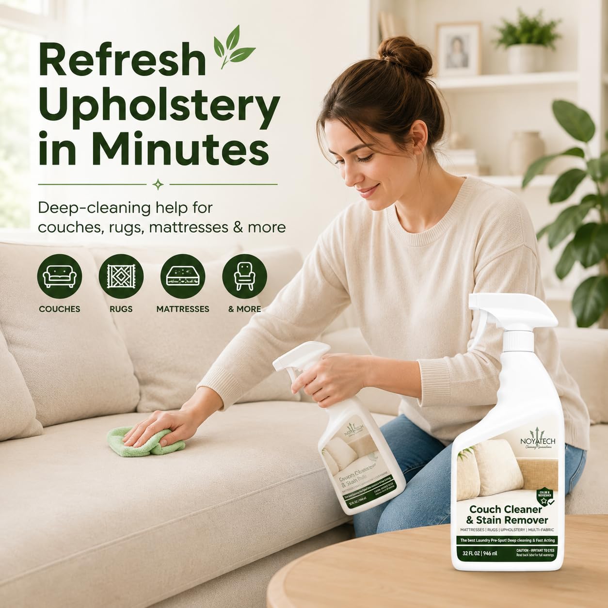 NOYATECH Couch Cleaner & Stain Remover Spray | Non-Toxic Cleaner | Pet Safe & Kid Safe | Upholstery, Sofas, Mattresses, Car Seats & Fabric | Quick-Drying | 32 oz