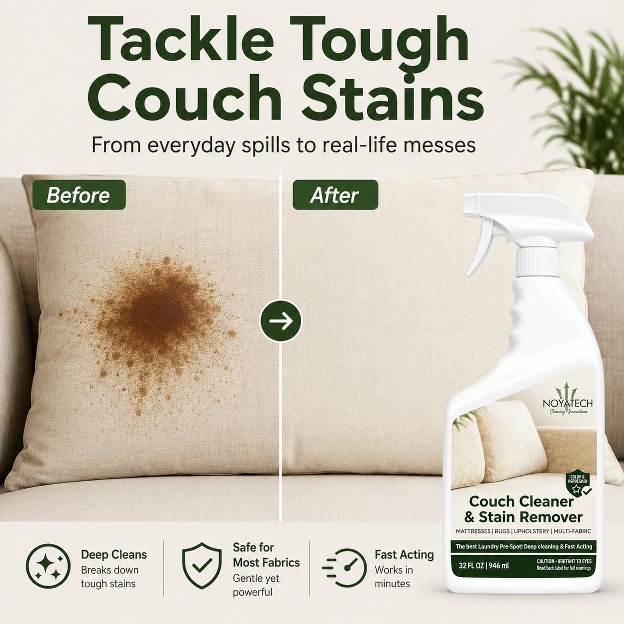 NOYATECH Couch Cleaner & Stain Remover Spray | Non-Toxic Cleaner | Pet Safe & Kid Safe | Upholstery, Sofas, Mattresses, Car Seats & Fabric | Quick-Drying | 32 oz