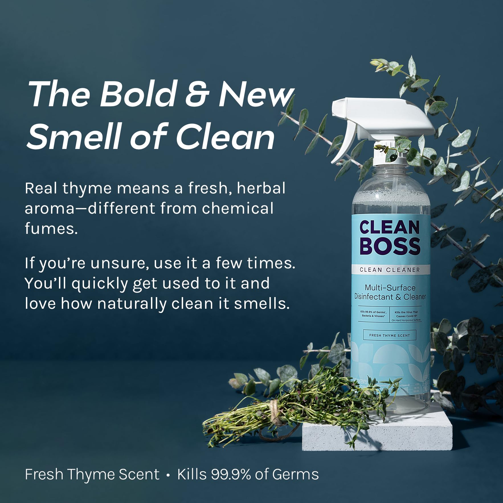 CleanBoss Botanical Disinfectant - 24 oz (Pack of 1) - Multi-Surface Cleaner - Kills 99.9% of Germs + Cold & Flu Viruses - Fresh Thyme Scent - No Rinse on Food Contact Surfaces - Pet Friendly