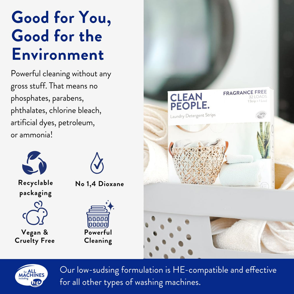 Clean People Laundry Detergent Sheets- Recyclable Packaging, Hypoallergenic, Stain Fighting, Works with All Machines including HE
