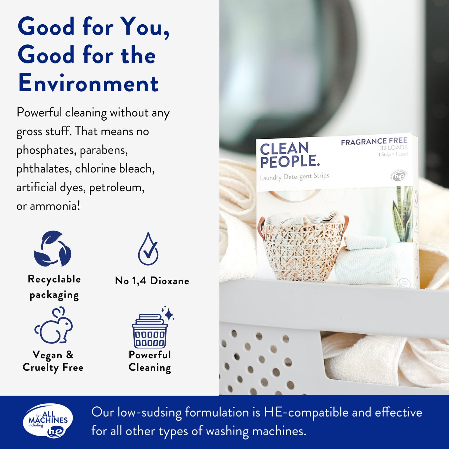 Clean People Laundry Detergent Sheets- Recyclable Packaging, Hypoallergenic, Stain Fighting, Works with All Machines including HE