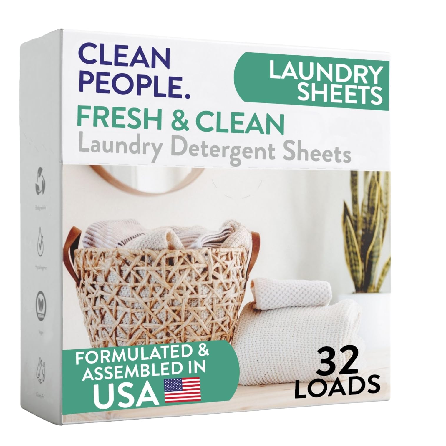 Clean People Laundry Detergent Sheets- Recyclable Packaging, Hypoallergenic, Stain Fighting, Works with All Machines including HE