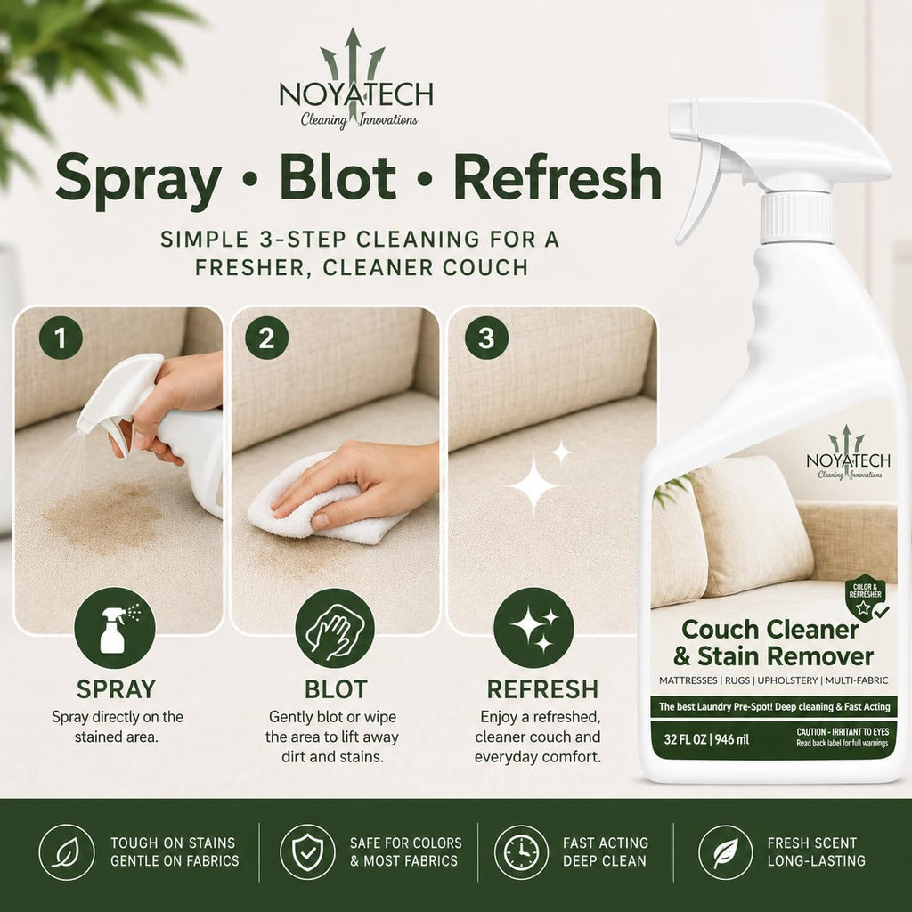 NOYATECH Couch Cleaner & Stain Remover Spray | Non-Toxic Cleaner | Pet Safe & Kid Safe | Upholstery, Sofas, Mattresses, Car Seats & Fabric | Quick-Drying | 32 oz