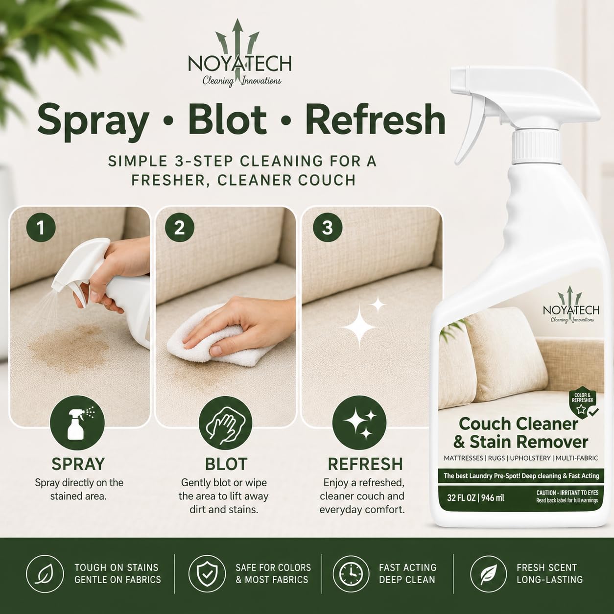 NOYATECH Couch Cleaner & Stain Remover Spray | Non-Toxic Cleaner | Pet Safe & Kid Safe | Upholstery, Sofas, Mattresses, Car Seats & Fabric | Quick-Drying | 32 oz