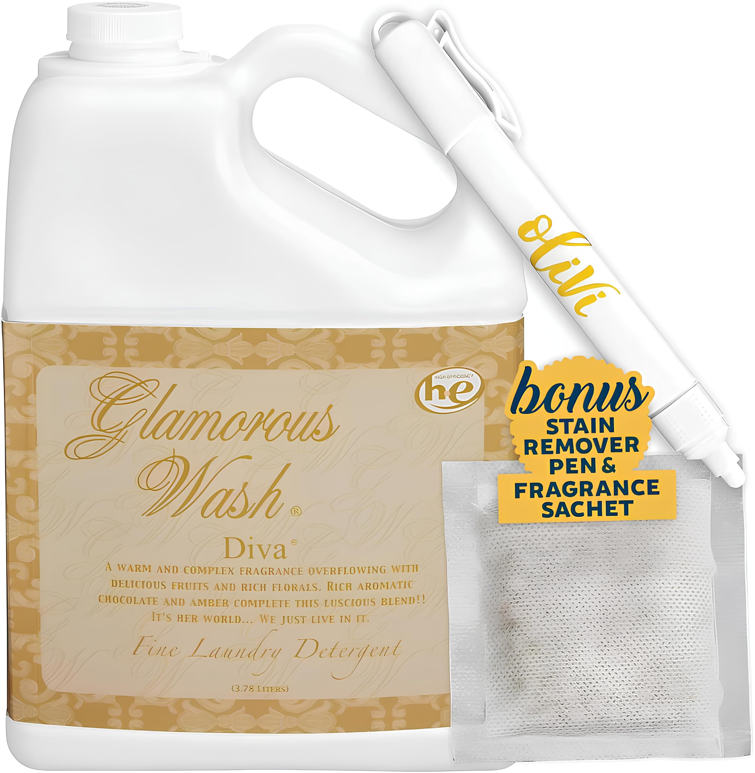 Tyler DIVA Glamorous Wash Laundry Detergent - 1 Gallon - With Olivi Stain Remover Pen - Fresh Scented Sachet - Laundry Detergent For Washing