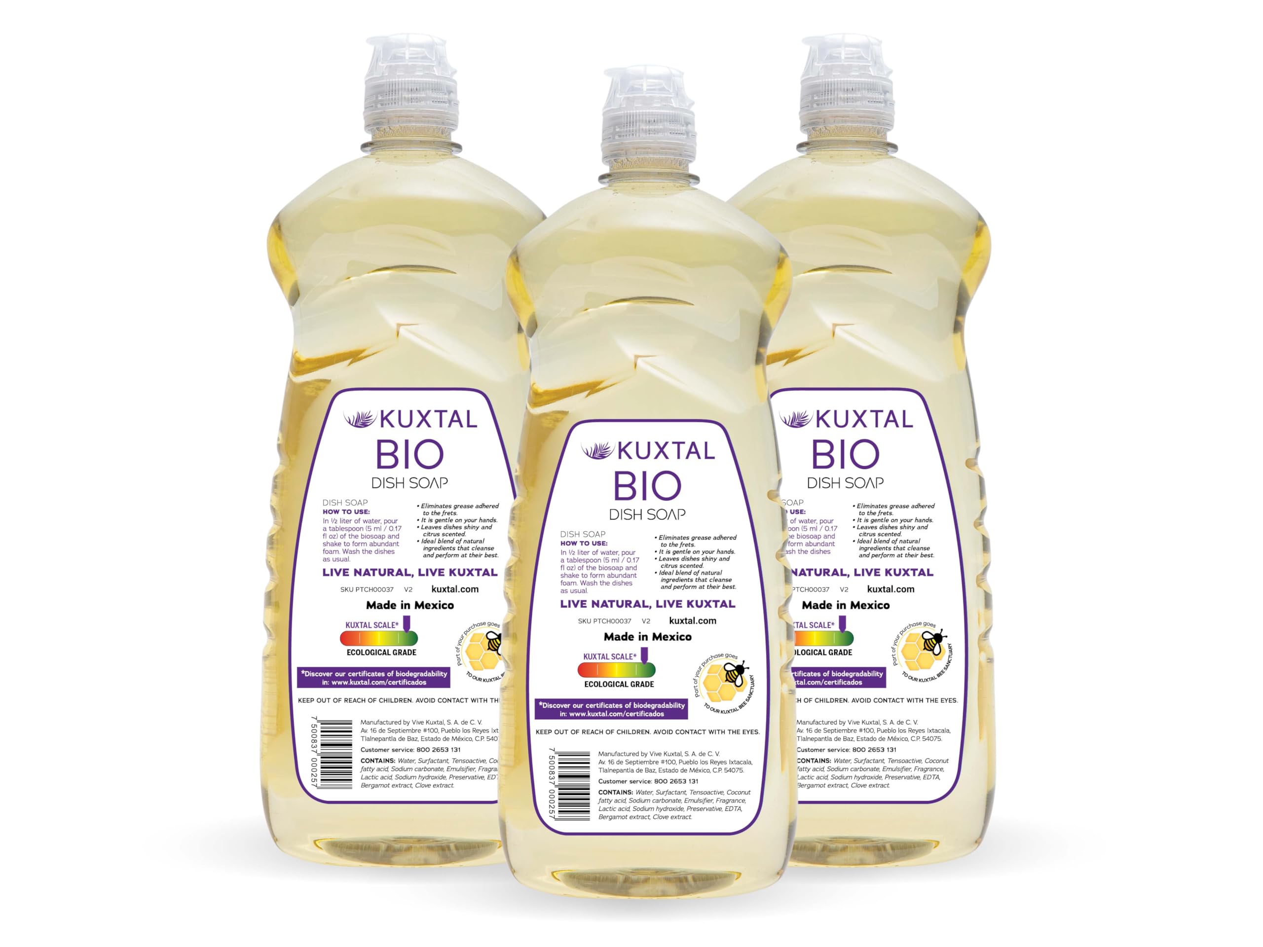 KUXTAL Dish Soap 3 Pack – Gentle on Hands, Powerful Grease Cutting, Biodegradable Plant-Based Formula for Hand Washing, Natural Citrus Scent, 27.7 fl oz Each