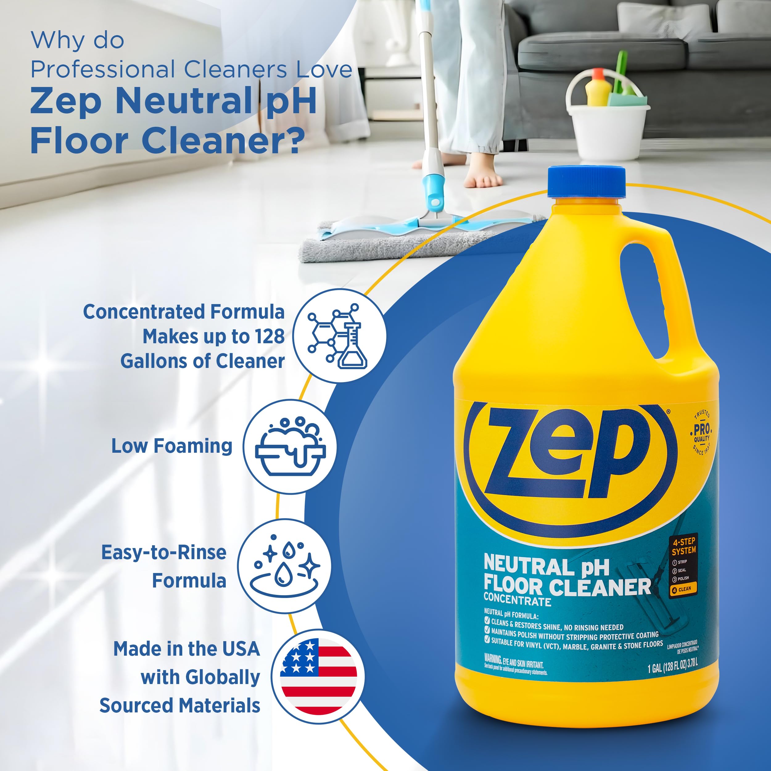 Zep Neutral pH Industrial Floor Cleaner - ZUNEUT128 - Concentrated Pro Trusted All-Purpose Floor Cleaner
