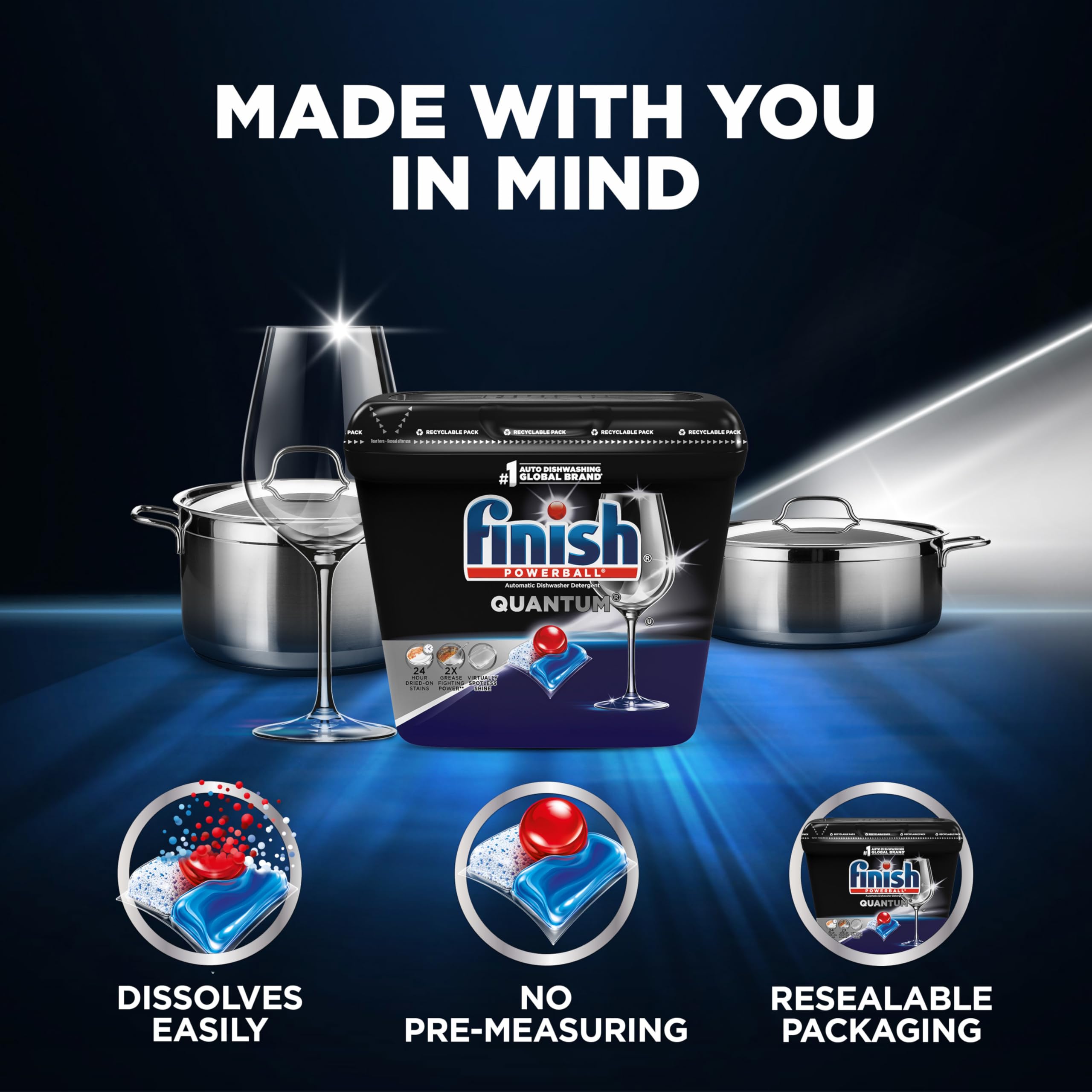 Finish Quantum Dishwasher Pods, No Pre-Rinse Dishwasher Detergent Soap Removes 24HR Dried-On Stain and Grease, Leaving a Virtually Spotless Shine,168 Count, Pack of 2