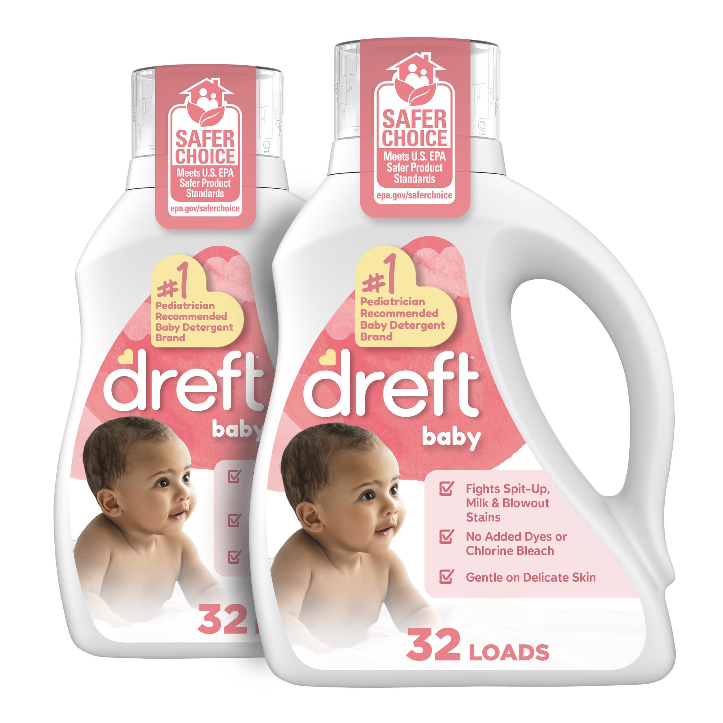 Dreft Newborn Baby Liquid Laundry Detergent, Gentle on Sensitive Skin, HE Compatible, 2 pack, 32 loads each
