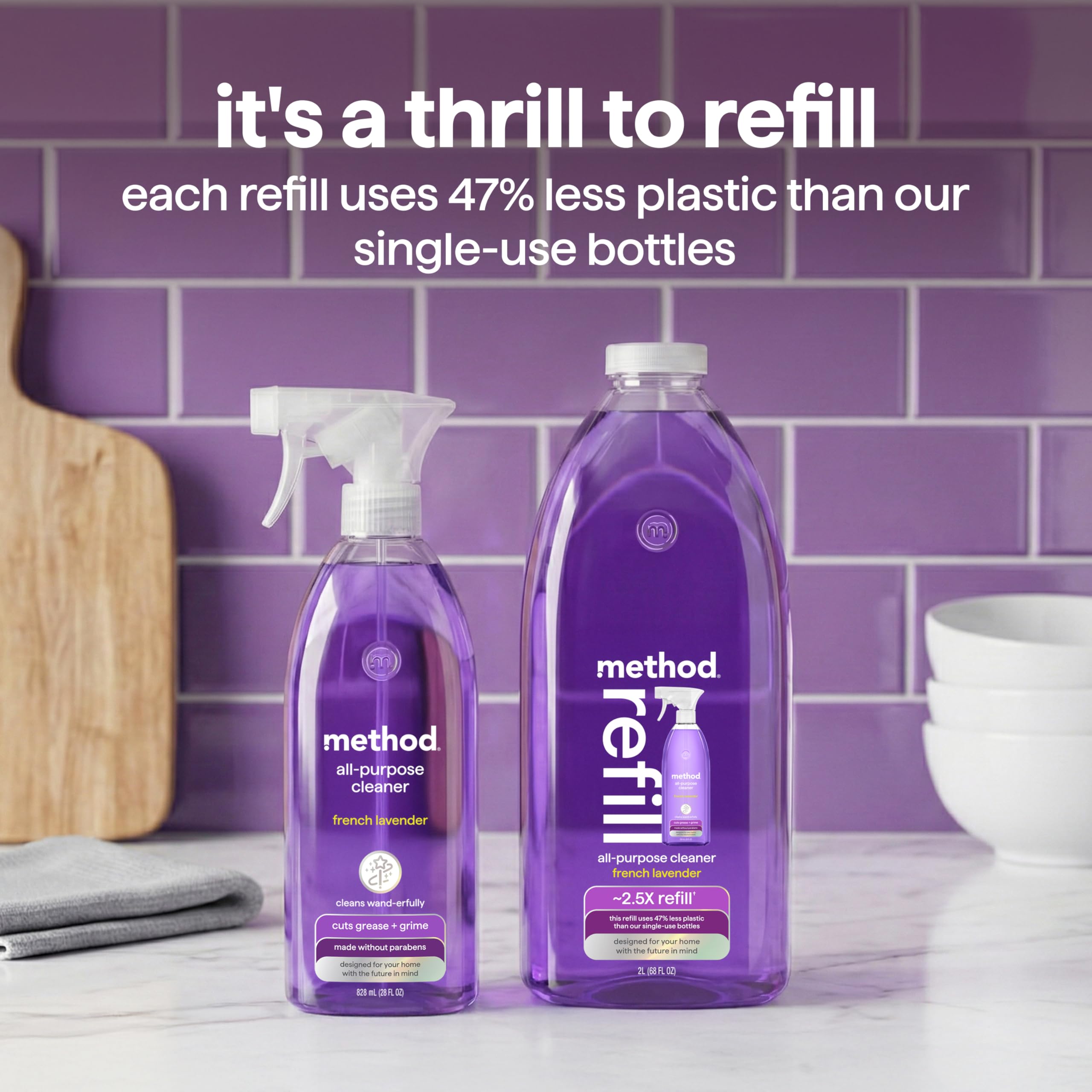 method All-Purpose Cleaner Refill, French Lavender - Cuts Grease & Grime on Counters, Glass, Sealed Wood & Floors, for Kitchen & Bathroom, 68 fl oz, 6 pack